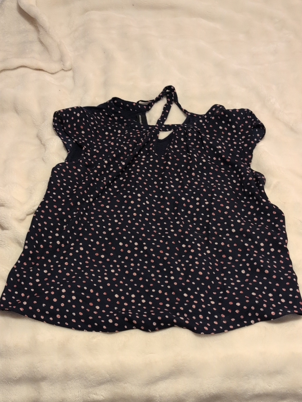 Fortune & Ivy Navy Polka Dot Tie-Back Blouse - Mixed Media